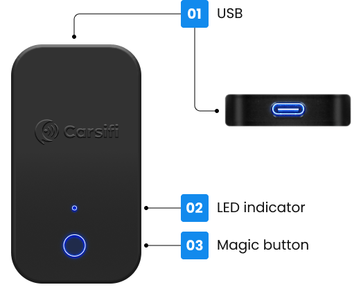 Carsifi Wireless Android Auto adapter front view and side view